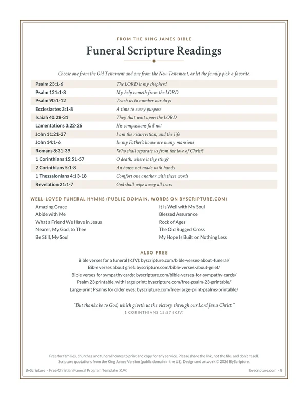 Funeral Scripture readings: 13 KJV passages and 10 public-domain hymns for a Christian funeral
