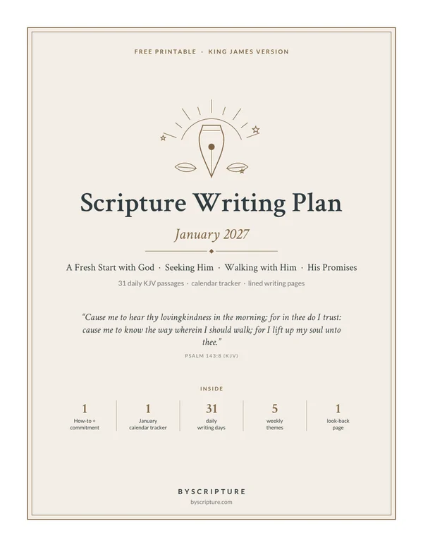 Free printable January 2027 Scripture writing plan, KJV, with calendar tracker and lined writing pages