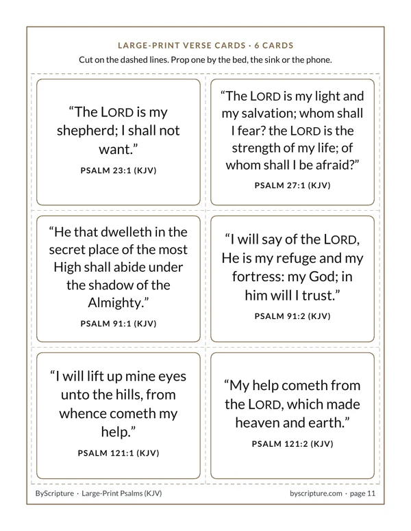 Six large-print Psalm verse cards to cut out: Psalm 23:1, 27:1, 91:1, 91:2, 121:1 and 121:2 (KJV)