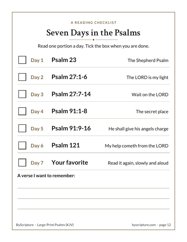 Seven days in the Psalms: a large-print reading checklist with big tick boxes
