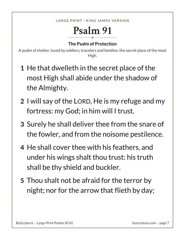 Psalm 91 KJV in large print: the first page of Psalm 91 from the free printable, with bold verse numbers