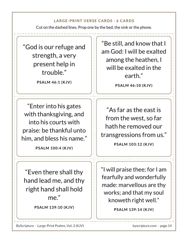 Six large-print Psalm verse cards to cut out: Psalm 46:1, 46:10, 100:4, 103:12, 139:10 and 139:14 (KJV)