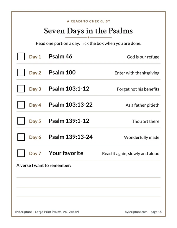 Seven days in the Psalms, volume 2: a large-print reading checklist with big tick boxes