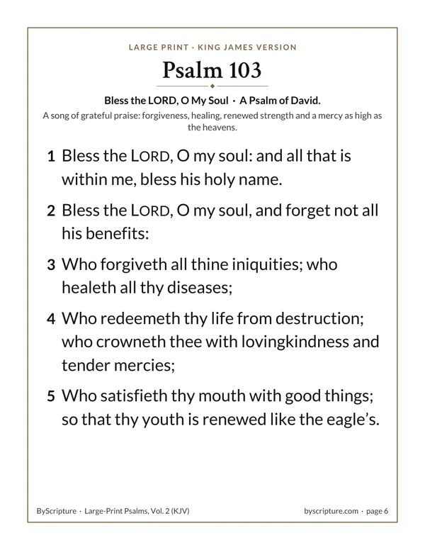 Psalm 103 KJV in large print: the first page of Psalm 103 from the free printable, with bold verse numbers
