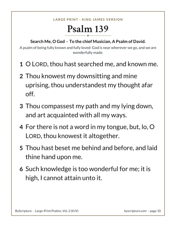 Psalm 139 KJV in large print: the first page of Psalm 139 from the free printable, with bold verse numbers