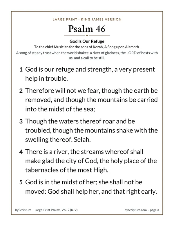 Psalm 46 KJV in large print: the first page of Psalm 46 from the free printable, with its KJV heading