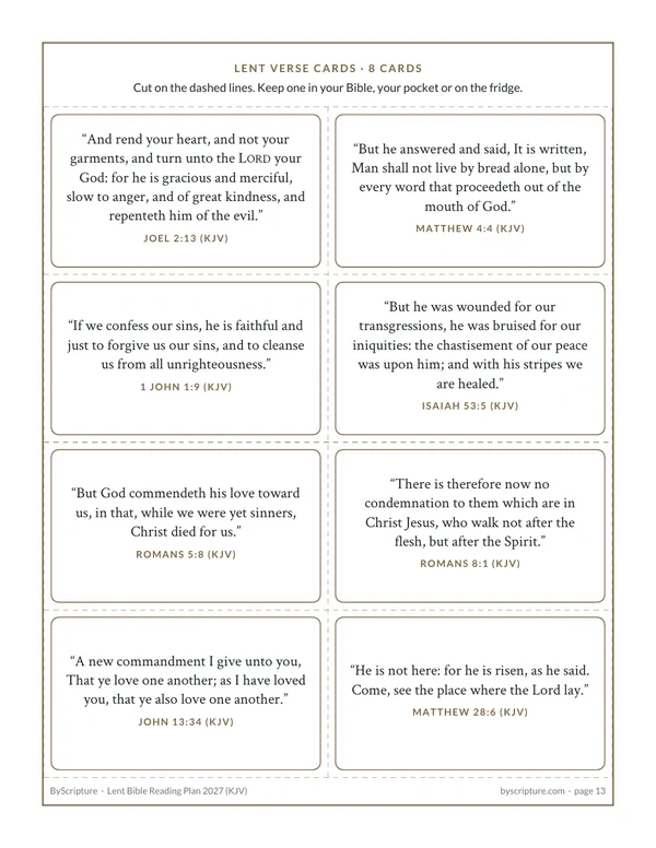 Eight cut-out Lent verse cards (KJV): Joel 2:13, Matthew 4:4, 1 John 1:9, Isaiah 53:5, Romans 5:8, Romans 8:1, John 13:34, Matthew 28:6