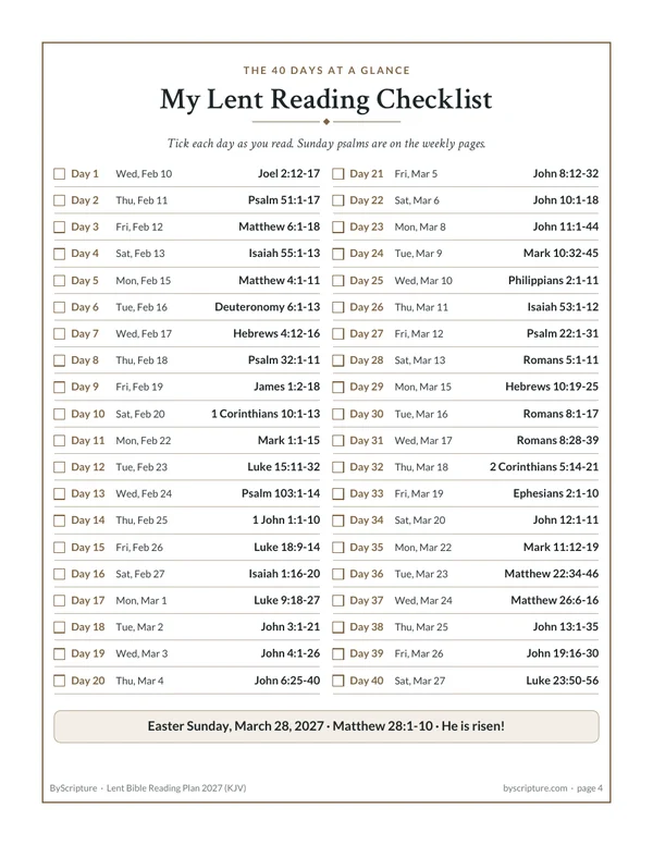 My Lent reading checklist: the 40 days of Lent 2027 at a glance with tick boxes
