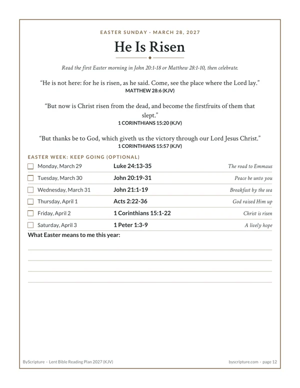 He Is Risen: the Easter page of the Lent Bible reading plan with Matthew 28:6 and an Easter-week plan
