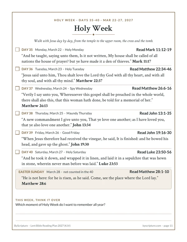Holy Week page of the free Lent reading plan: Days 35 to 40, Palm Sunday to Holy Saturday, with Easter Sunday