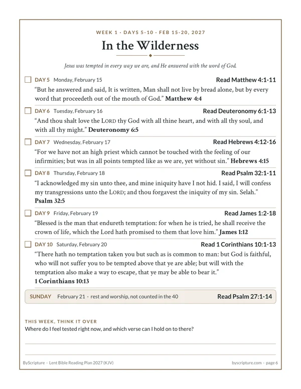 Week 1 page of the free Lent Bible reading plan: In the Wilderness, Matthew 4 to 1 Corinthians 10, with each key verse printed in full (KJV)