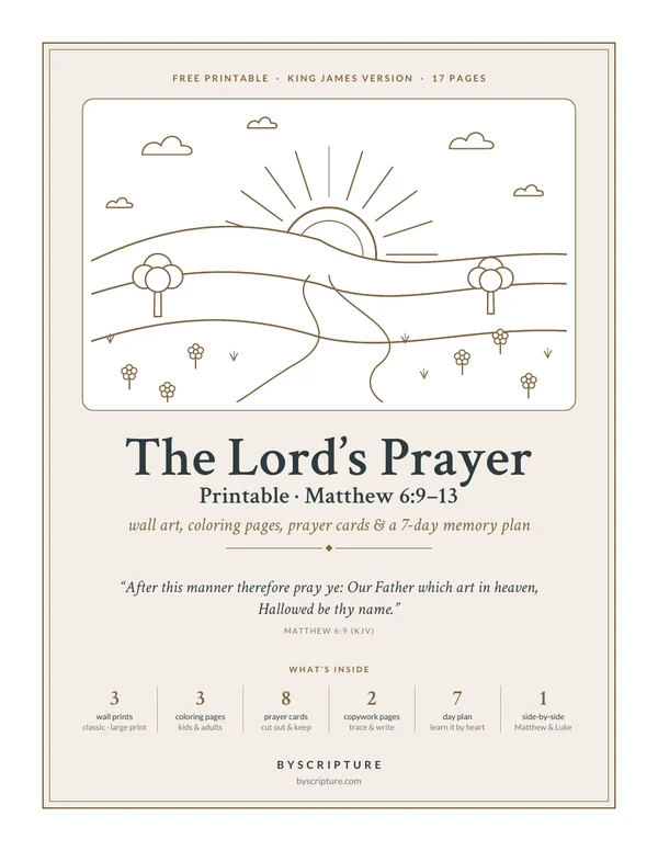 Free Lord’s Prayer printable PDF (KJV) cover: wall art, coloring pages and prayer cards