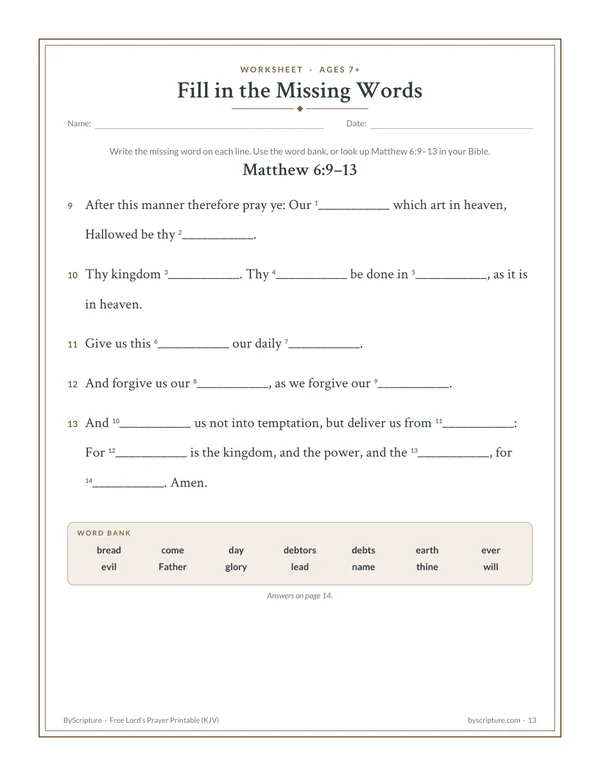 Lord’s Prayer fill-in-the-blank worksheet with a word bank (KJV)