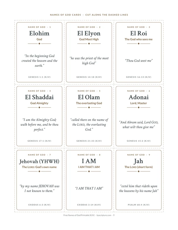 Names of God cards printable: 9 cut-out cards with Hebrew names, meanings and KJV verses