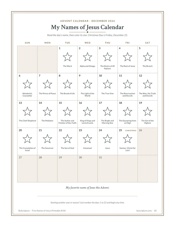 Names of Jesus Advent calendar for December 2026: color a star each day from December 1 to Christmas