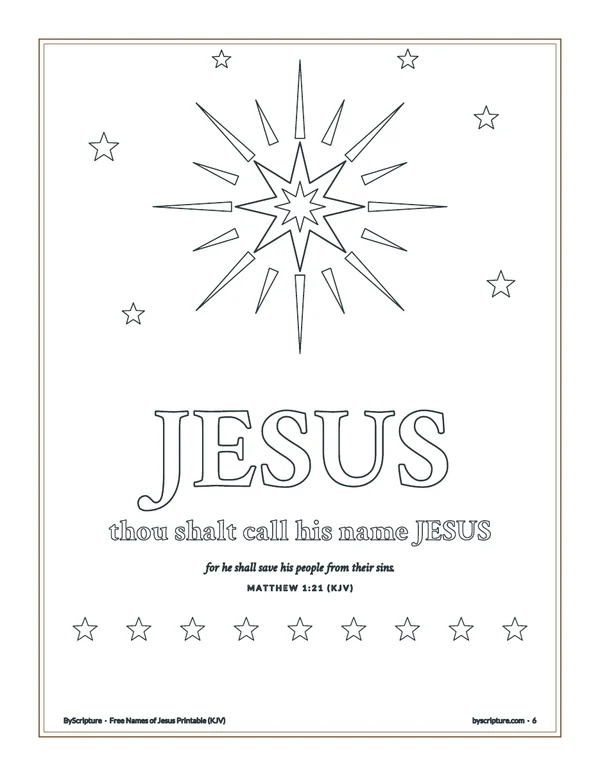 JESUS coloring page in outline letters with a star, from Matthew 1:21 (KJV)