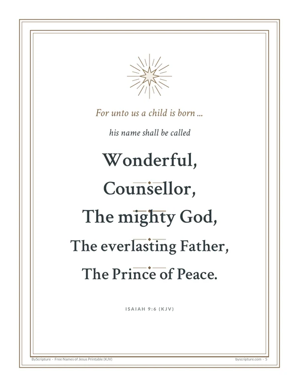 Isaiah 9:6 wall print from the free names of Jesus printable: Wonderful, Counsellor, The mighty God, The everlasting Father, The Prince of Peace