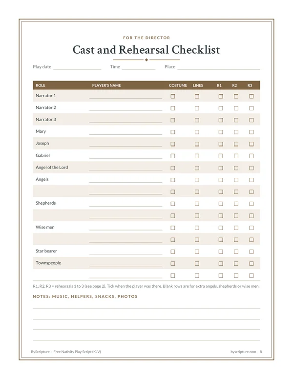 Cast and rehearsal checklist: page 8 of the free nativity play script