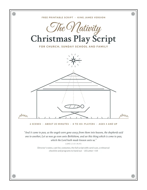 Free nativity play script PDF (KJV), cover with a stable, a manger and a star, 6 scenes, about 20 minutes, and Luke 2:15