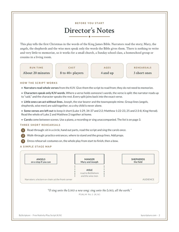 Director’s notes: page 2 of the free nativity play script, with the play at a glance, three rehearsals and a stage map