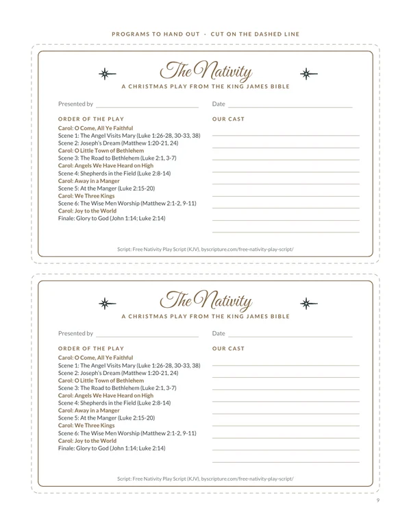 Two programs to cut out: page 9 of the free nativity play script, with the order of the play and the cast