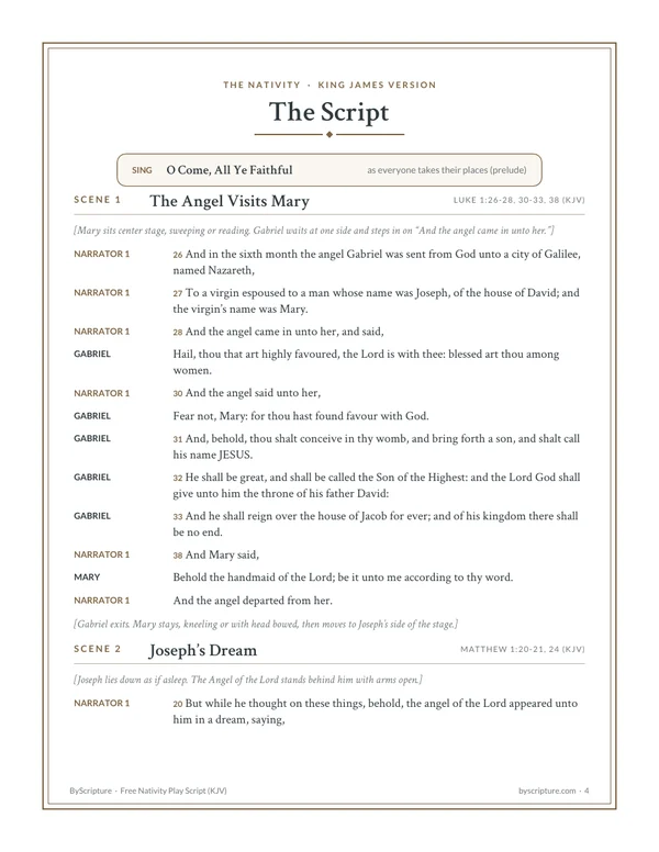 The script: a page of the free nativity play script with narrator lines, character lines in KJV words and stage directions