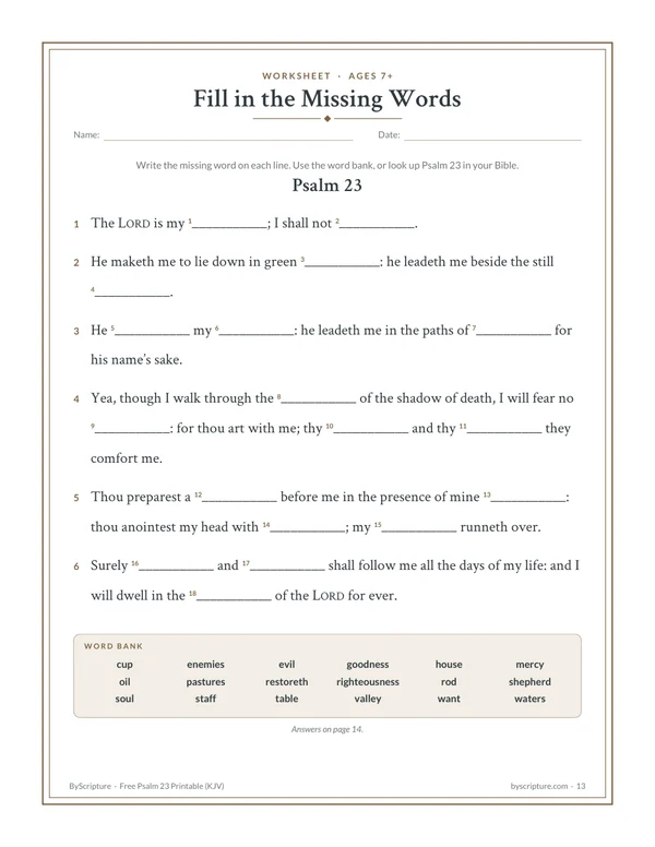 Psalm 23 fill-in-the-blank worksheet with a word bank (KJV)