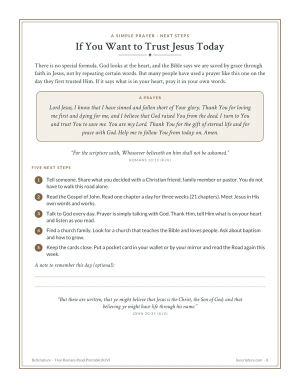 If You Want to Trust Jesus Today: the prayer and next-steps page from the free Romans Road printable