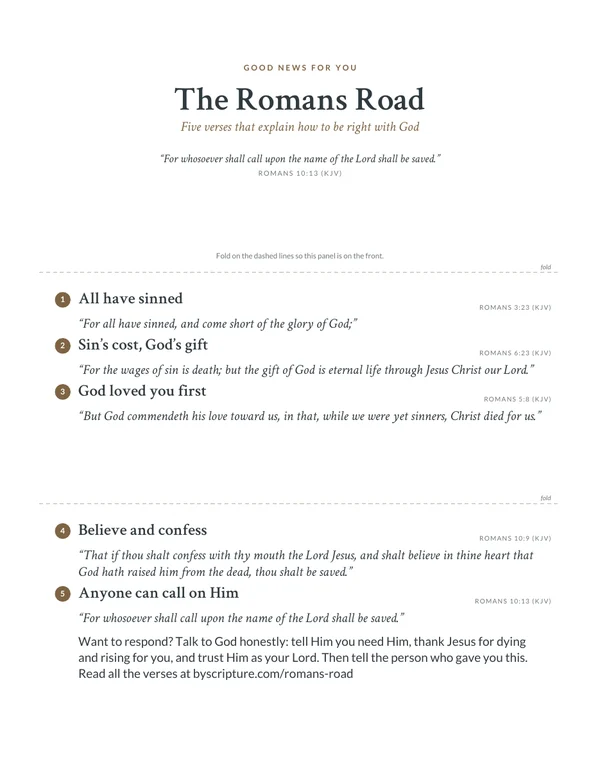 Romans Road tract to print and fold in thirds, with five KJV verses and a short note