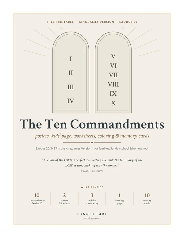 Free Ten Commandments printable PDF: KJV poster of Exodus 20 and two tablets worksheets