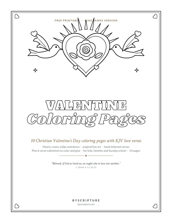 Free Christian Valentine coloring pages PDF (KJV), cover with a heart, a rose and two doves