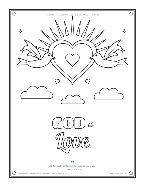 God is love: Valentine coloring page with doves and 1 John 4:8 (KJV)