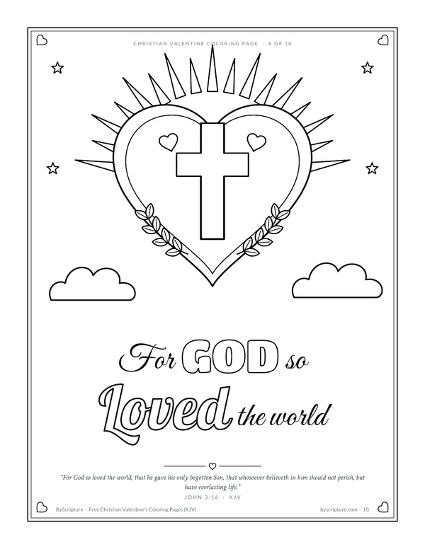 For God so loved the world: John 3:16 Valentine coloring page with a cross and a heart