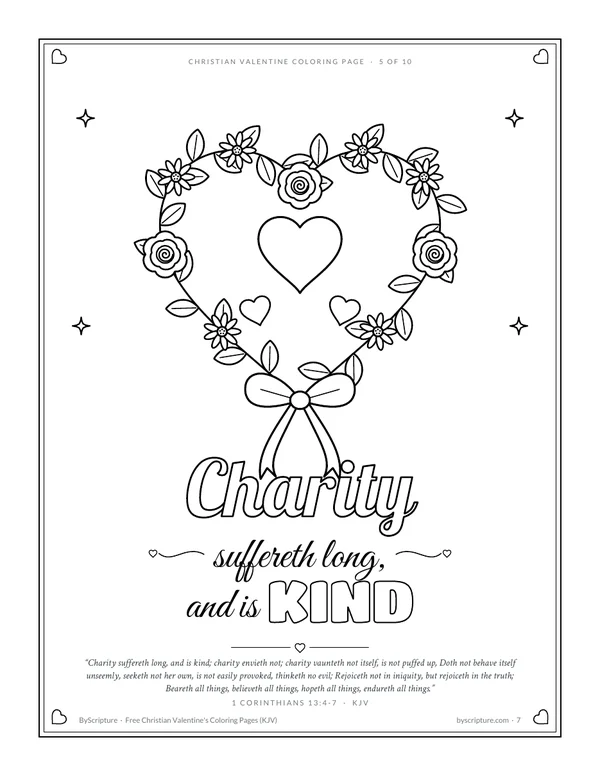 Charity suffereth long, and is kind: 1 Corinthians 13 Valentine coloring page with a wreath
