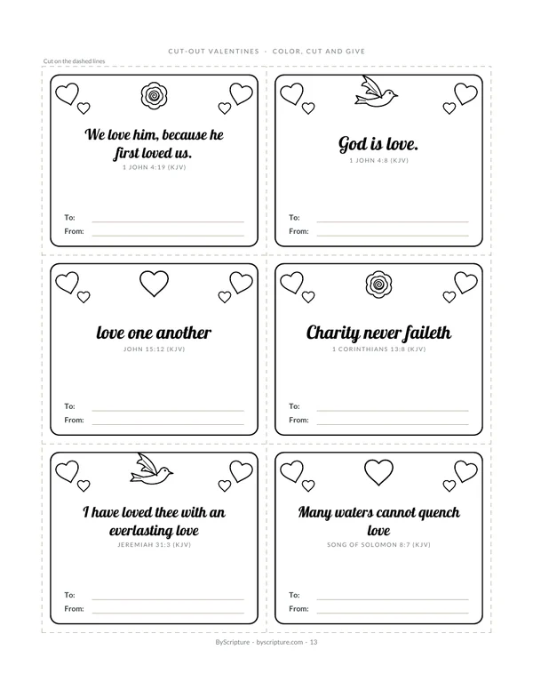 Six cut-out Bible verse valentines for kids to color and give, with To and From lines (KJV)