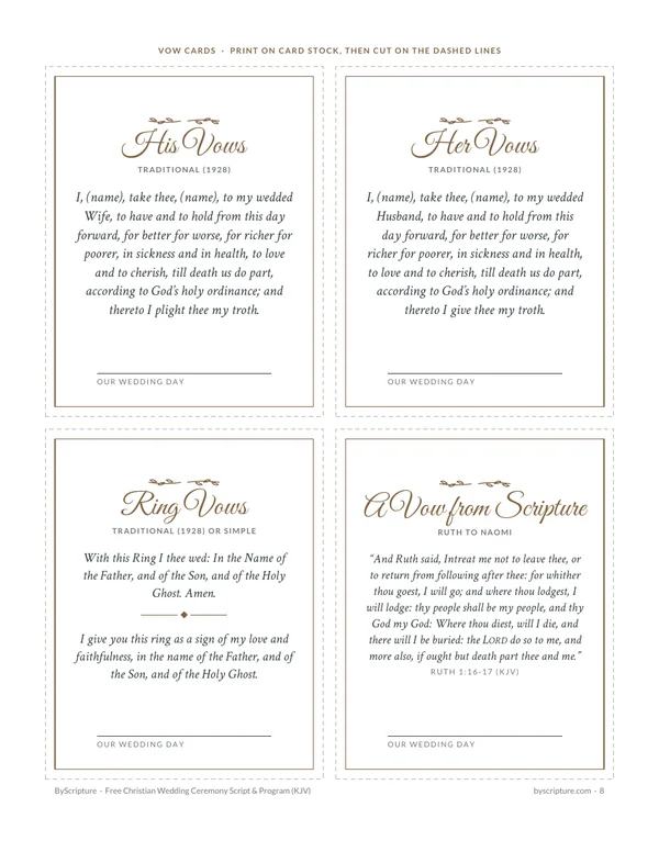 Wedding vow cards: four cards to cut out, His Vows, Her Vows, Ring Vows and Ruth 1:16-17