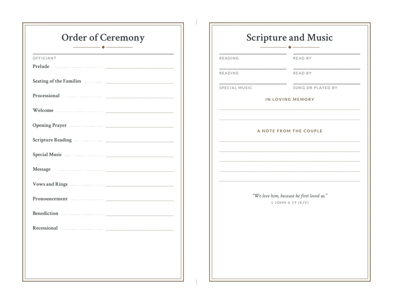 Wedding program inside: a fill-in order of ceremony, readings and music, In Loving Memory and a note from the couple, with 1 John 4:19