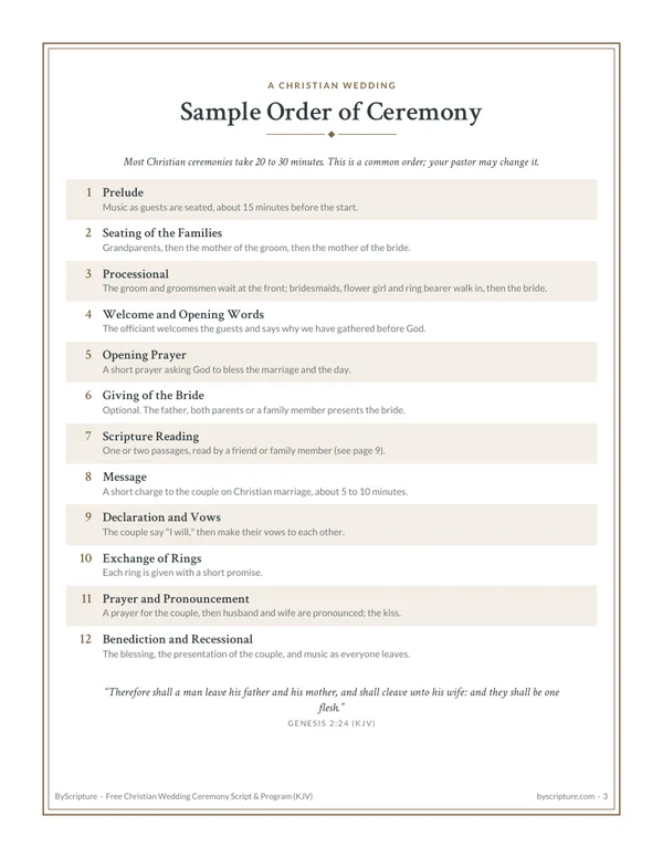 Sample order of ceremony for a Christian wedding: 12 steps from the prelude to the recessional, with Genesis 2:24