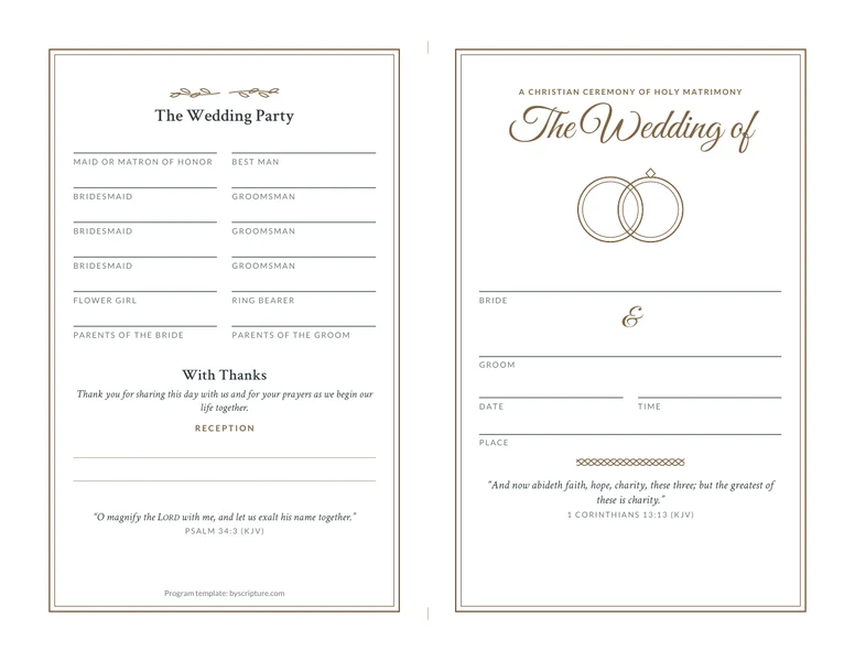 Wedding program outside: the front panel The Wedding of with names, date and place and 1 Corinthians 13:13, and the back panel with the wedding party, thanks and reception