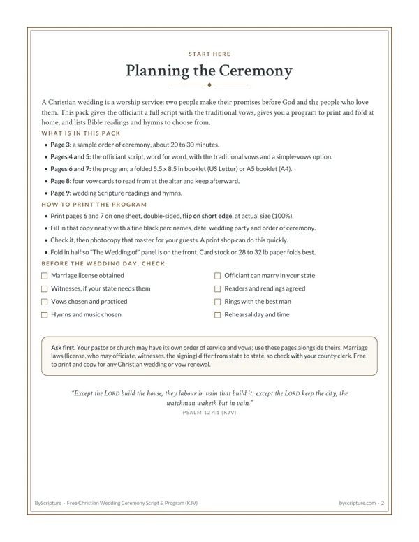 Planning the ceremony: page 2 of the free wedding ceremony script, with printing steps, an 8-item checklist and Psalm 127:1