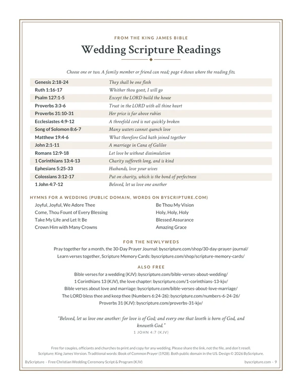 Wedding Scripture readings: 14 KJV passages and 8 public-domain hymns for a Christian wedding, with 1 John 4:7
