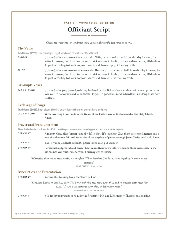 Officiant script part 2: the traditional vows, simple vows, exchange of rings, prayer and pronouncement, with Matthew 19:6